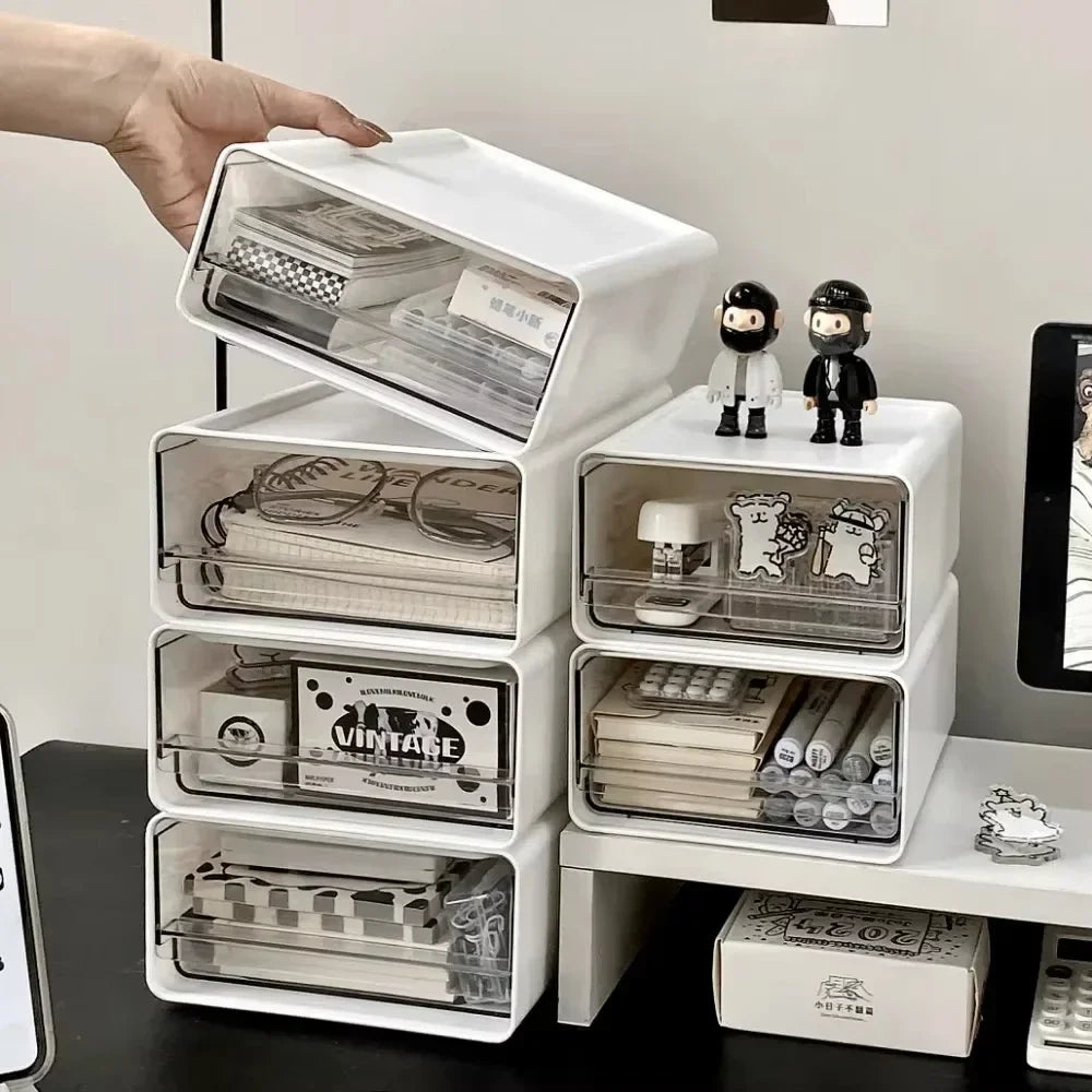 Organisateur de Bureau Transparent avec Tiroirs - Rangement Documents et Fournitures, Style Épuré