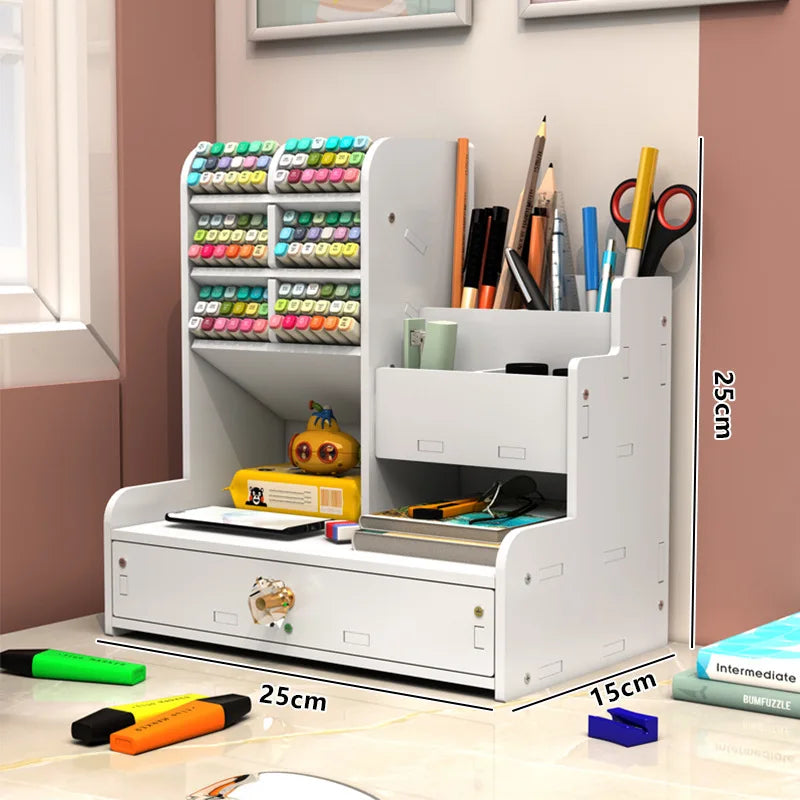 Organisateur Bureau Bois avec Porte-Stylos - Étagères Rangement Desktop, Accessoires Fournitures Étudiant