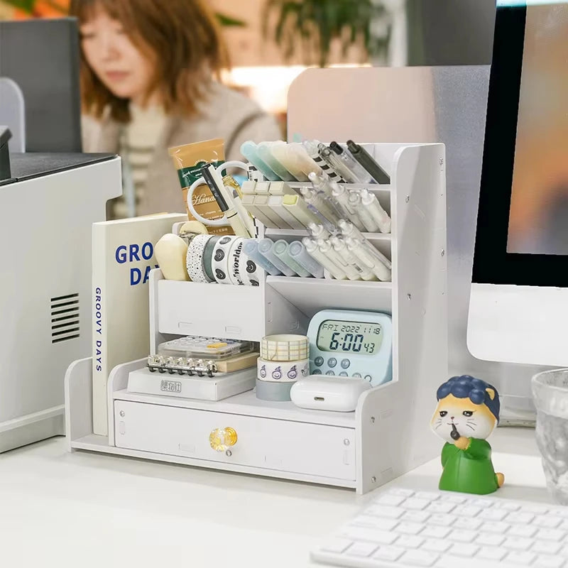 Organisateur Bureau Bois avec Porte-Stylos - Étagères Rangement Desktop, Accessoires Fournitures Étudiant