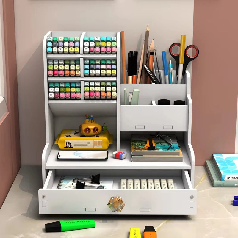 Organisateur Bureau Bois avec Porte-Stylos - Étagères Rangement Desktop, Accessoires Fournitures Étudiant