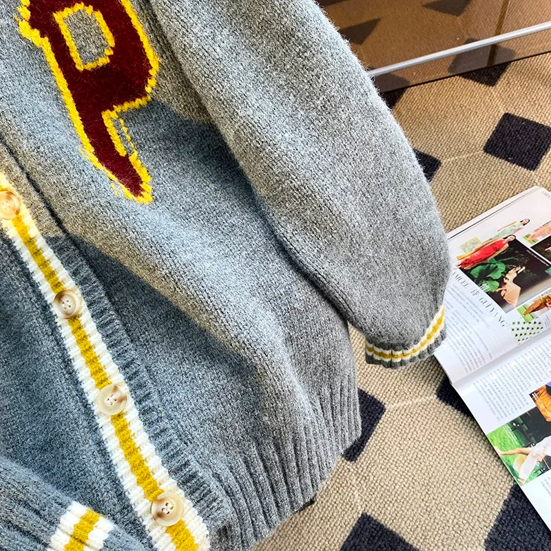Cardigan Imprimé Lettres - Veste Tricot Boutonnée Oversize