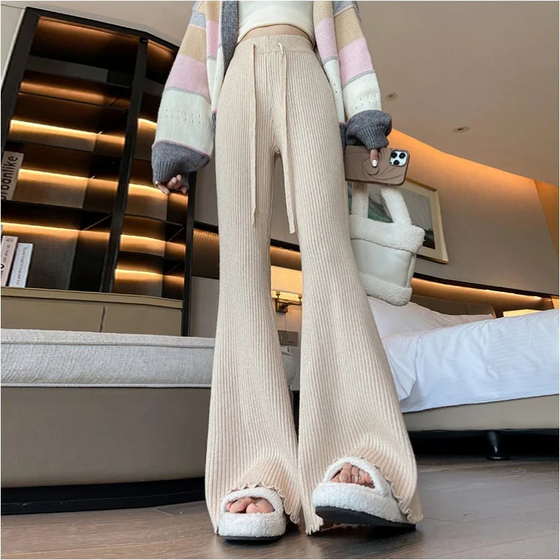 Pantalon Bootcut Femme Taille Haute - Tricot Côtelé Automne Hiver