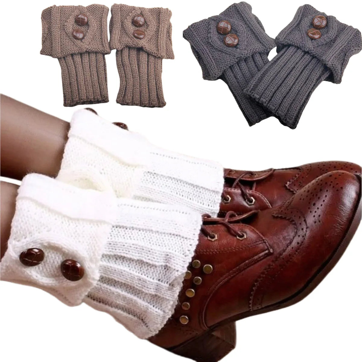 Jambières Laine Tricotée avec Boutons - Chaussettes Chaudes Motif Losange, Couvre-Bottes Automne Hiver