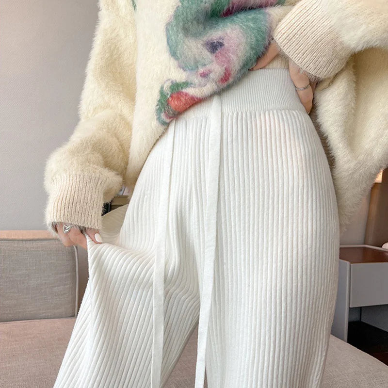 Pantalon Bootcut Femme Taille Haute - Tricot Côtelé Automne Hiver