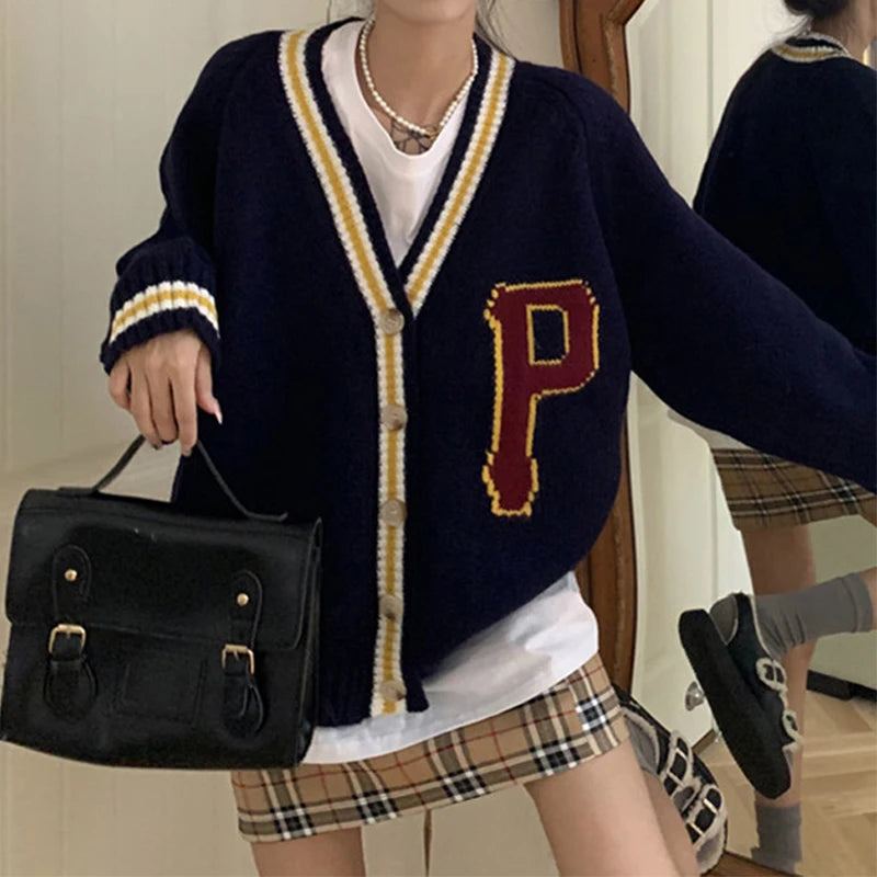 Cardigan Imprimé Lettres - Veste Tricot Boutonnée Oversize