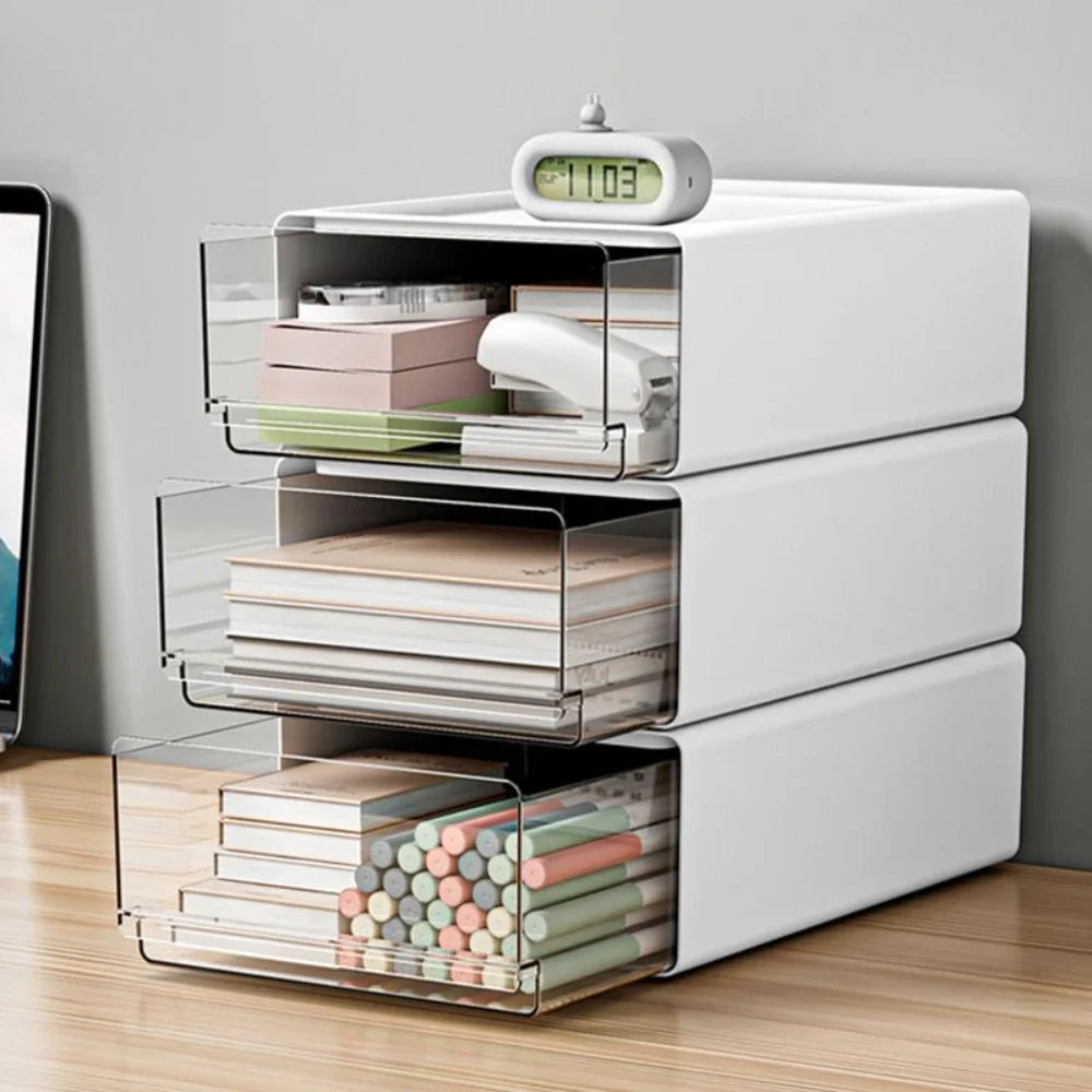 Organisateur de Bureau Transparent avec Tiroirs - Rangement Documents et Fournitures, Style Épuré