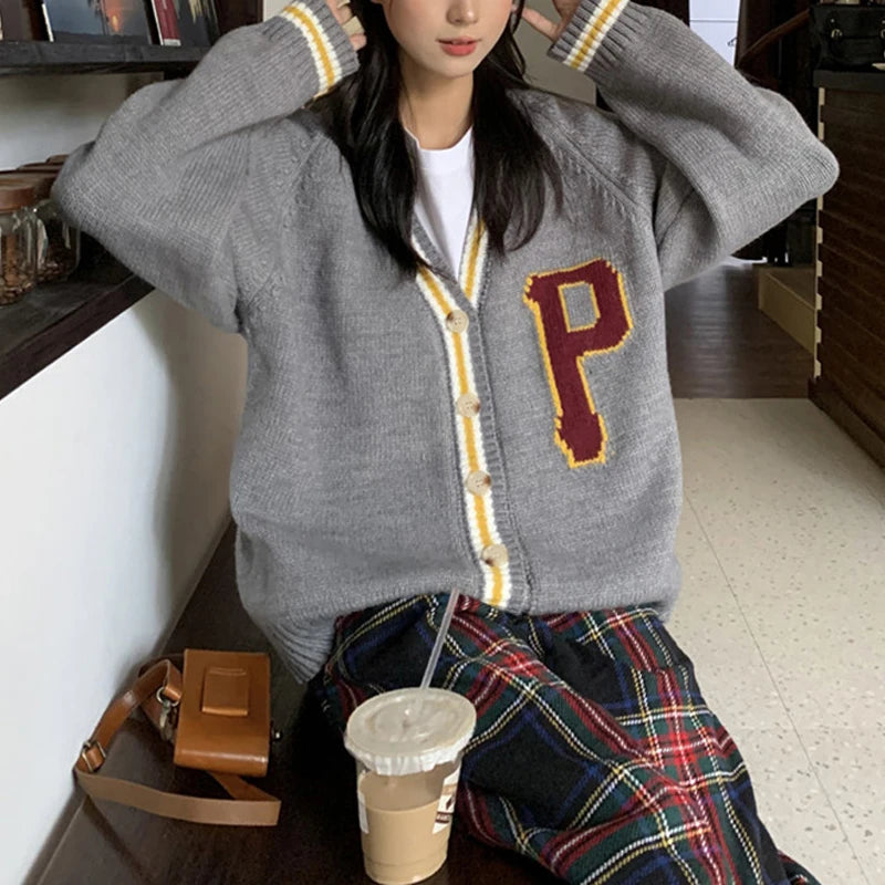 Cardigan Imprimé Lettres - Veste Tricot Boutonnée Oversize