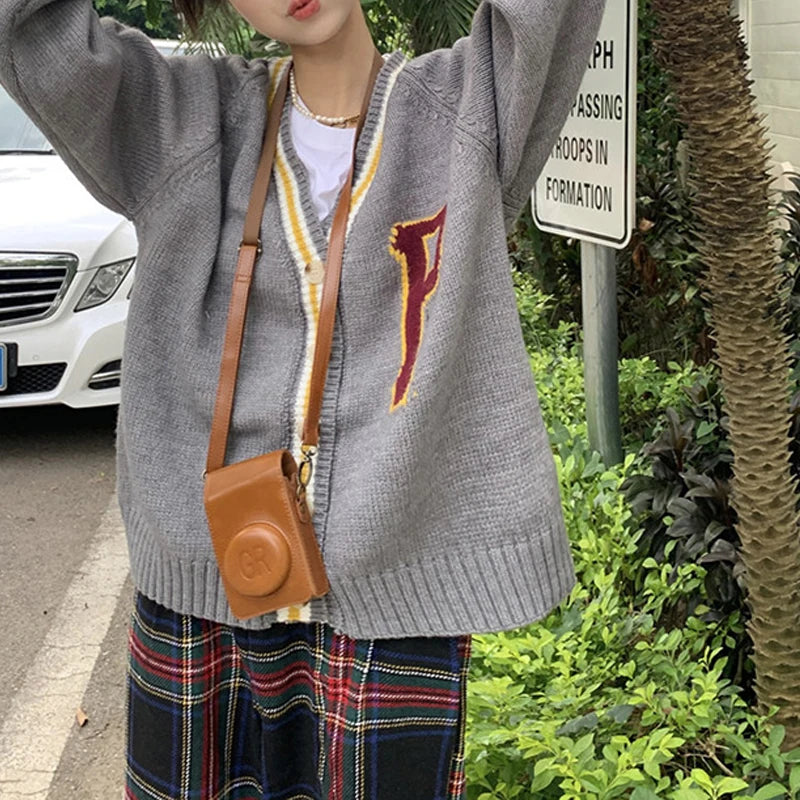 Cardigan Imprimé Lettres - Veste Tricot Boutonnée Oversize