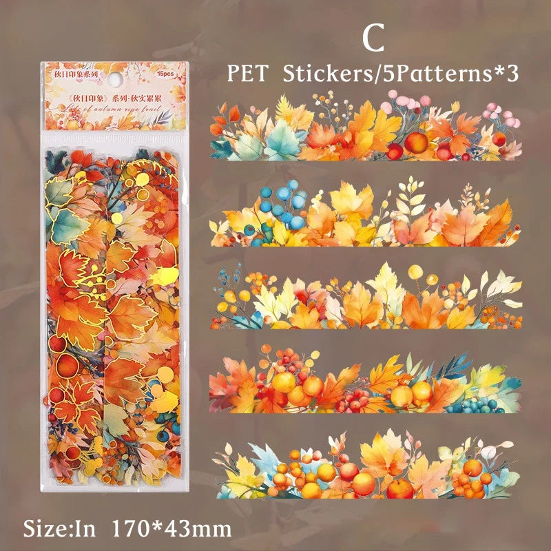 Pack 15 Stickers Feuilles d'Automne PET - DIY Scrapbooking Planner Déco Agenda Esthétique