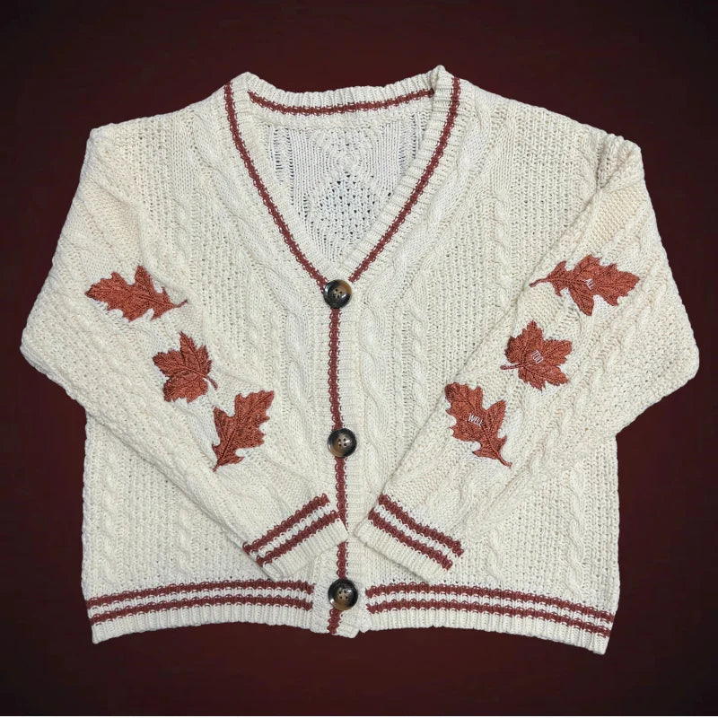 Cardigan Femme Automne - Pull Brodé Feuilles d'Érable, Coupe Oversized Style Folklore