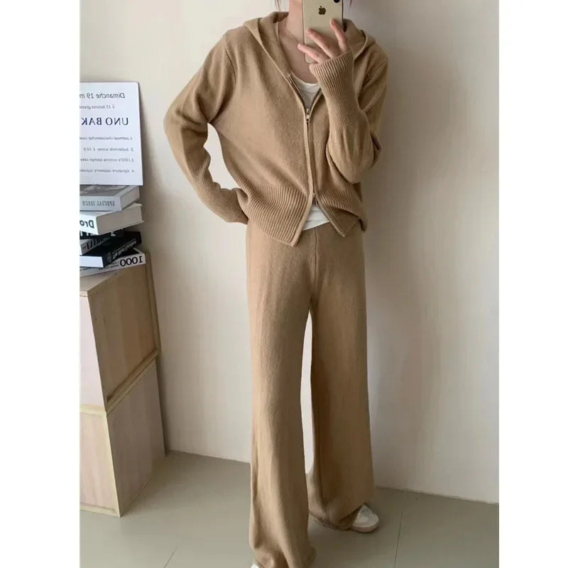 Ensemble 2 Pièces Femme Automne - Hoodie Zippé et Pantalon Large Tricoté, Tenue Cozy Casual