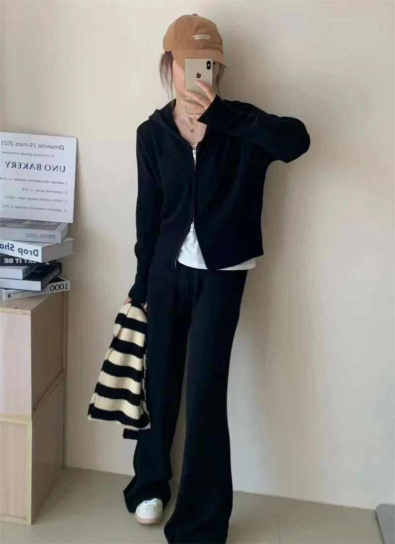 Ensemble 2 Pièces Femme Automne - Hoodie Zippé et Pantalon Large Tricoté, Tenue Cozy Casual