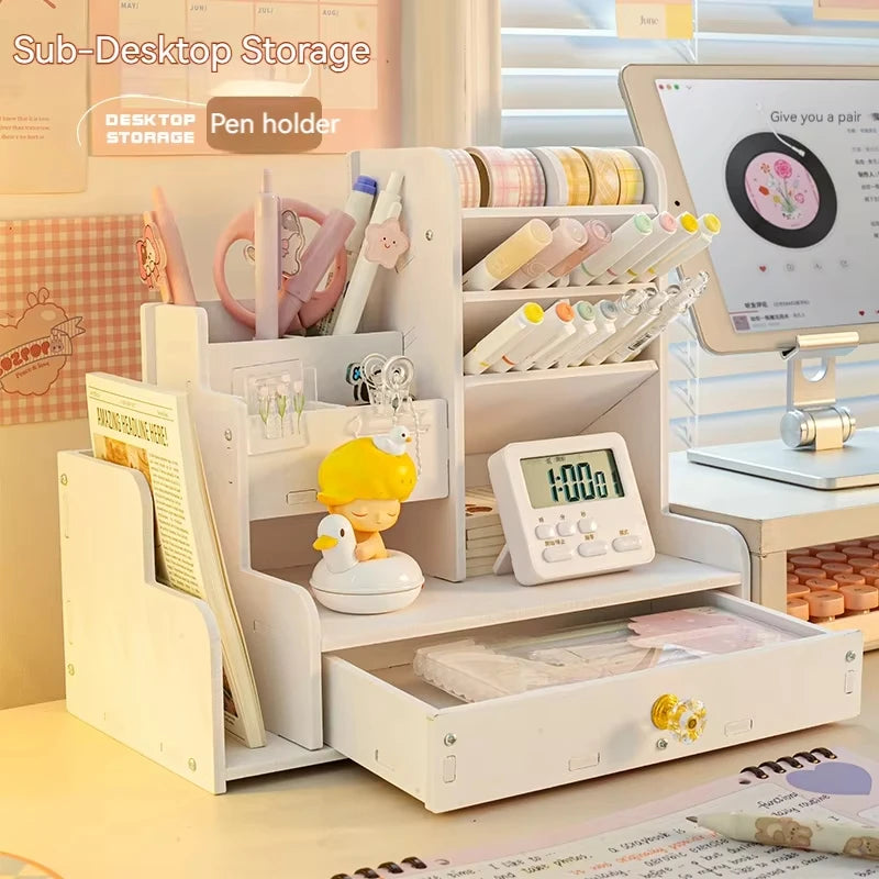 Organisateur Bureau Bois avec Porte-Stylos - Étagères Rangement Desktop, Accessoires Fournitures Étudiant
