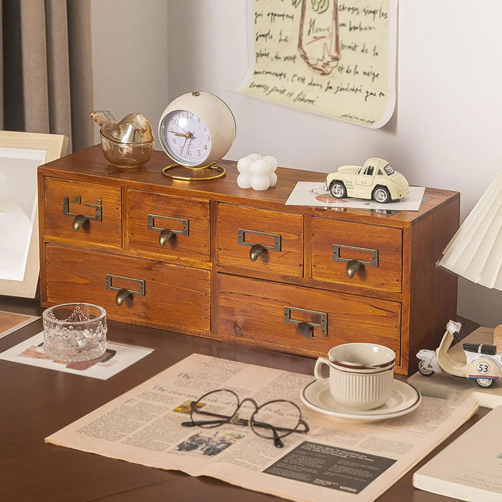 Organisateur de Bureau en Bois 6 Tiroirs - Boîte de Rangement Élégante, Style Campus Chic