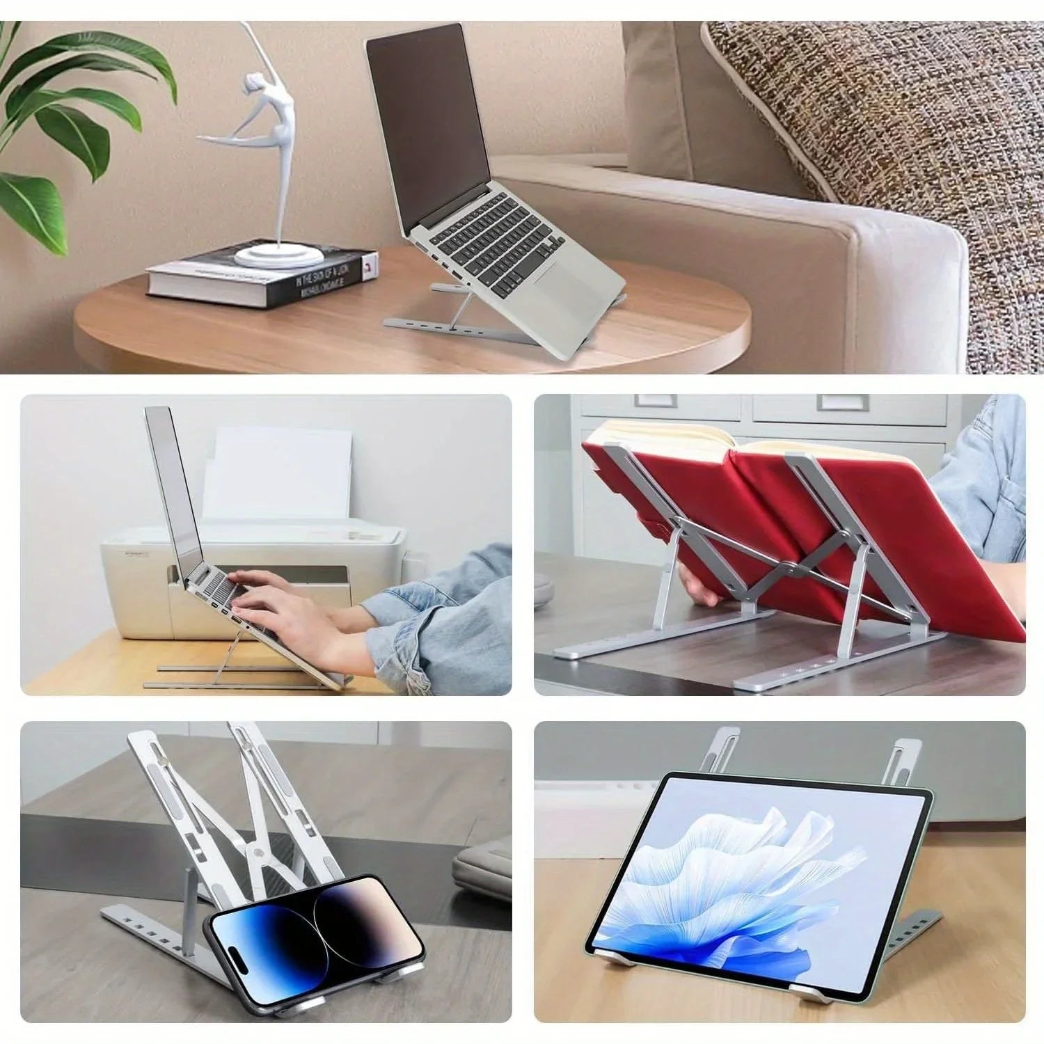 Support Laptop Aluminium Ajustable - 6 Niveaux de Hauteur, Pliable et Portable 8-16 pouces