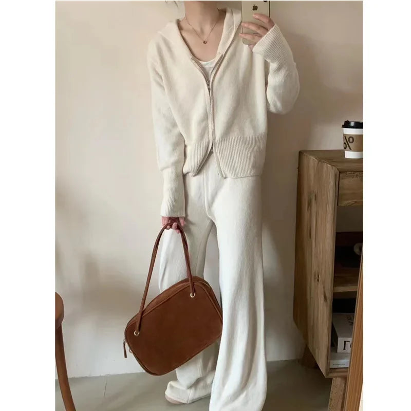 Ensemble 2 Pièces Femme Automne - Hoodie Zippé et Pantalon Large Tricoté, Tenue Cozy Casual