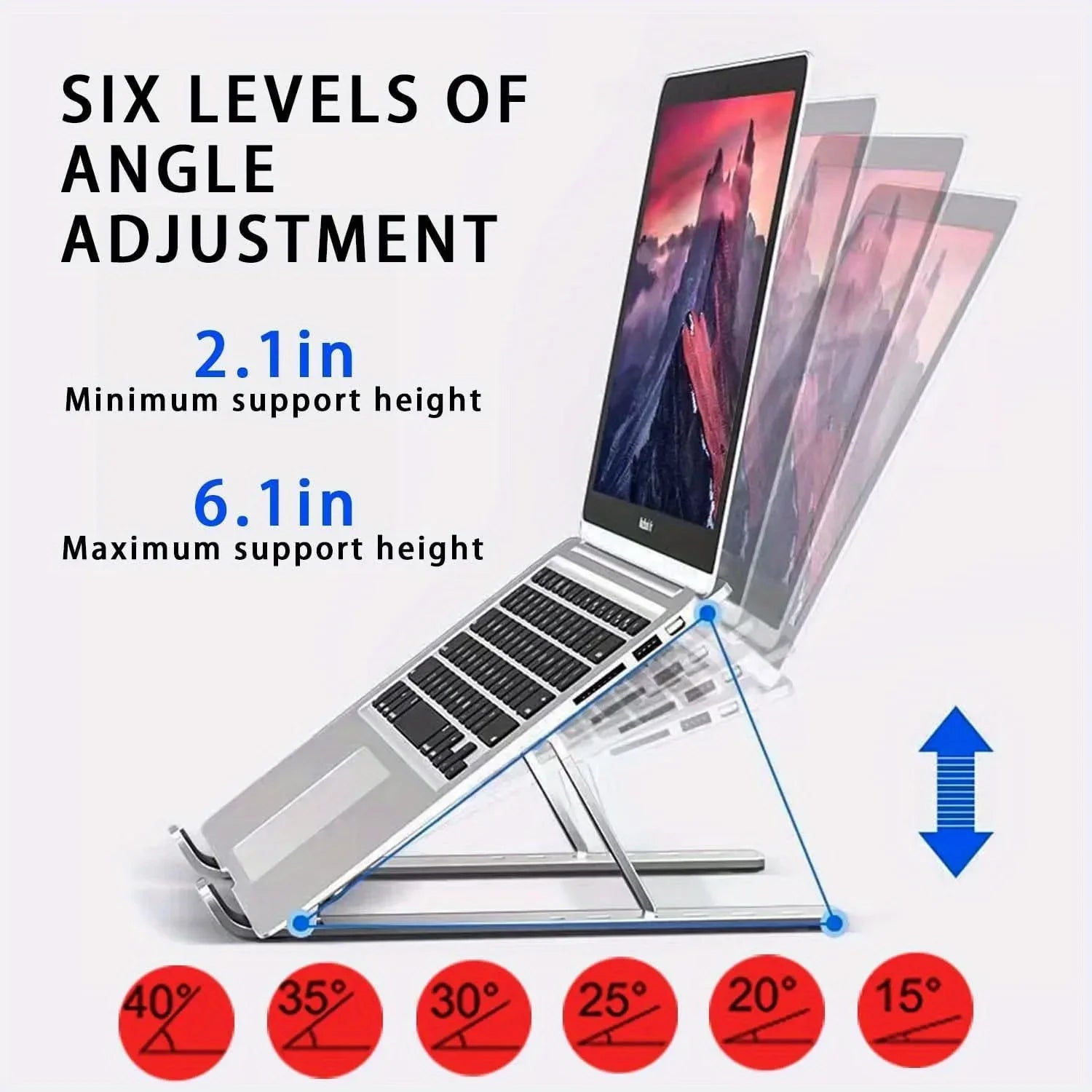 Support Laptop Aluminium Ajustable - 6 Niveaux de Hauteur, Pliable et Portable 8-16 pouces