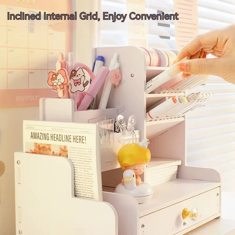 Organisateur Bureau Bois avec Porte-Stylos - Étagères Rangement Desktop, Accessoires Fournitures Étudiant