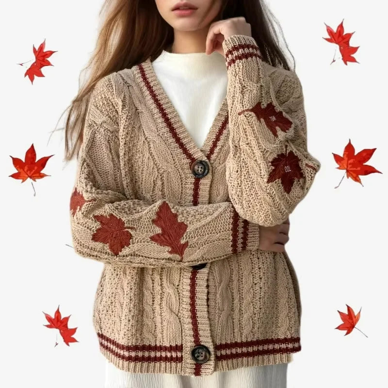 Cardigan Femme Automne - Pull Brodé Feuilles d'Érable, Coupe Oversized Style Folklore