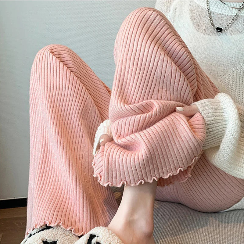 Pantalon Bootcut Femme Taille Haute - Tricot Côtelé Automne Hiver