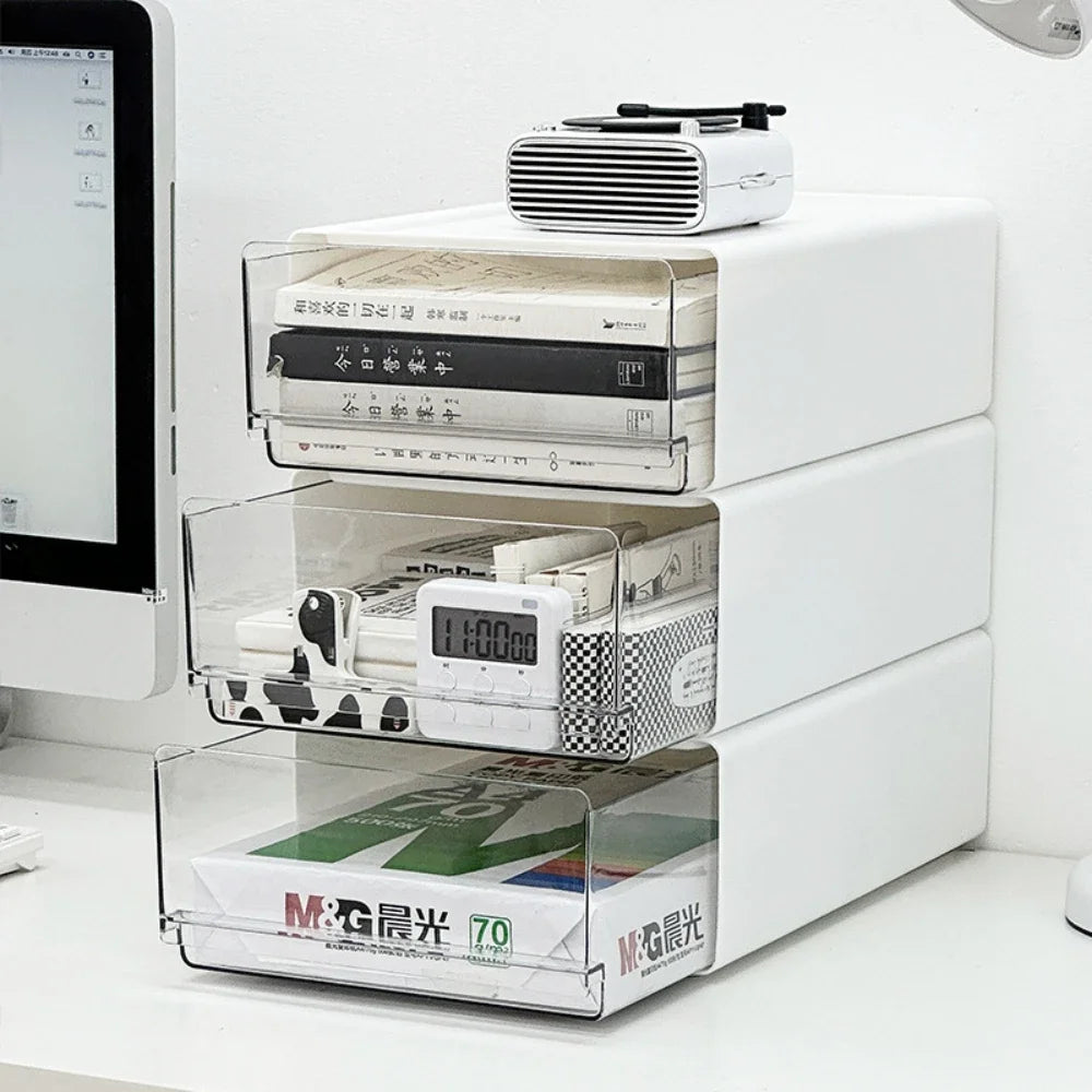 Organisateur de Bureau Transparent avec Tiroirs - Rangement Documents et Fournitures, Style Épuré