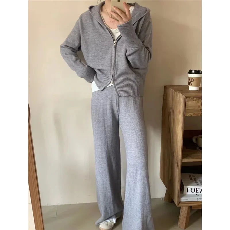 Ensemble 2 Pièces Femme Automne - Hoodie Zippé et Pantalon Large Tricoté, Tenue Cozy Casual
