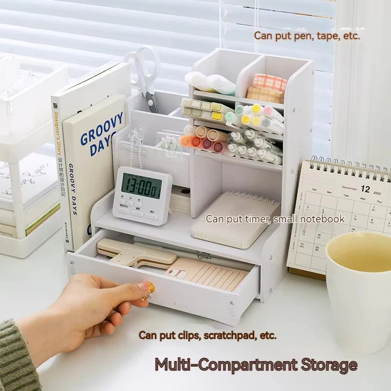 Organisateur Bureau Bois avec Porte-Stylos - Étagères Rangement Desktop, Accessoires Fournitures Étudiant