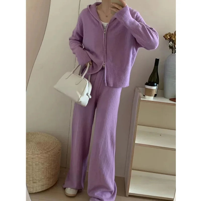 Ensemble 2 Pièces Femme Automne - Hoodie Zippé et Pantalon Large Tricoté, Tenue Cozy Casual