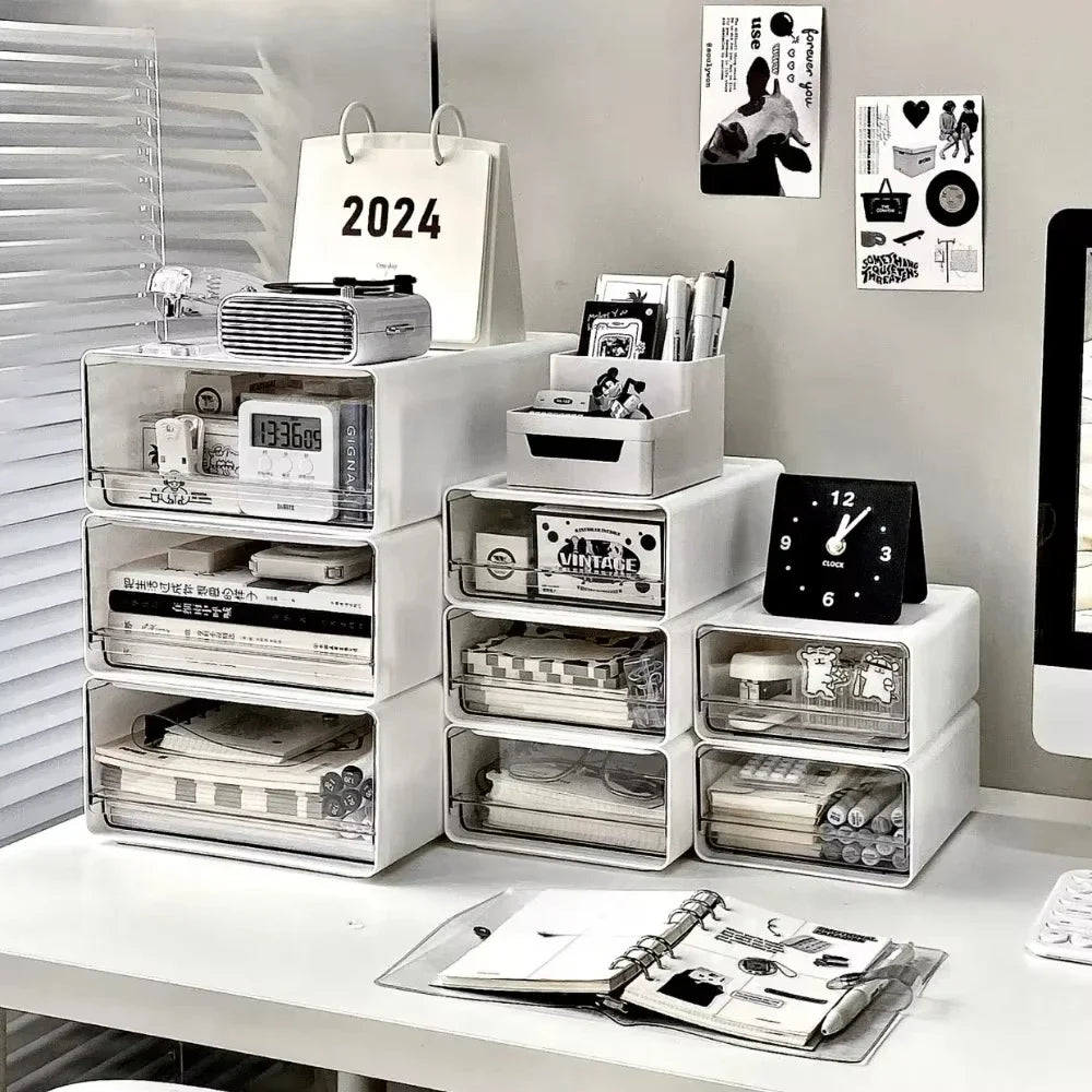 Organisateur de Bureau Transparent avec Tiroirs - Rangement Documents et Fournitures, Style Épuré
