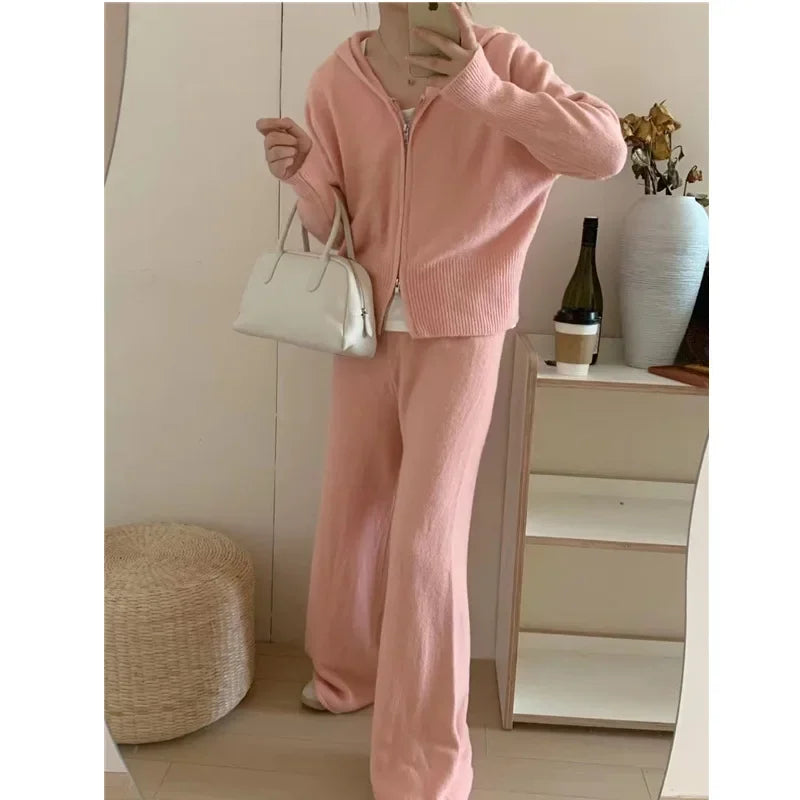 Ensemble 2 Pièces Femme Automne - Hoodie Zippé et Pantalon Large Tricoté, Tenue Cozy Casual