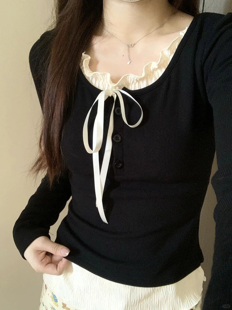 T-Shirt Femme Ajusté - Haut Patchwork avec Lacets, Style  Chic Tendance