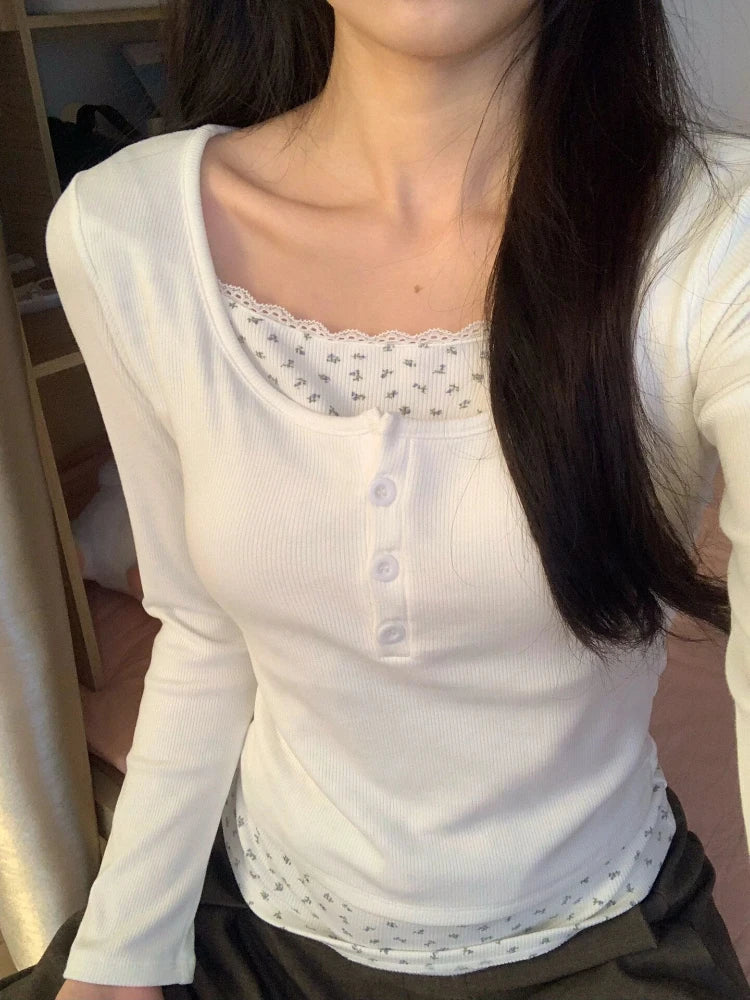 T-Shirt Femme Ajusté - Haut Patchwork avec Lacets, Style  Chic Tendance