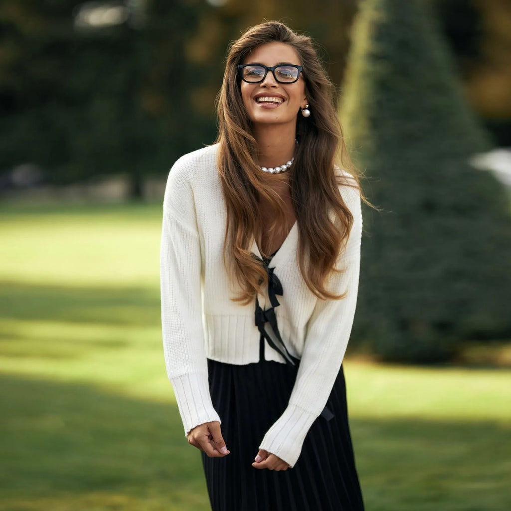 Cardigan Femme à Nœud - Pull Tricoté Manches Longues Style