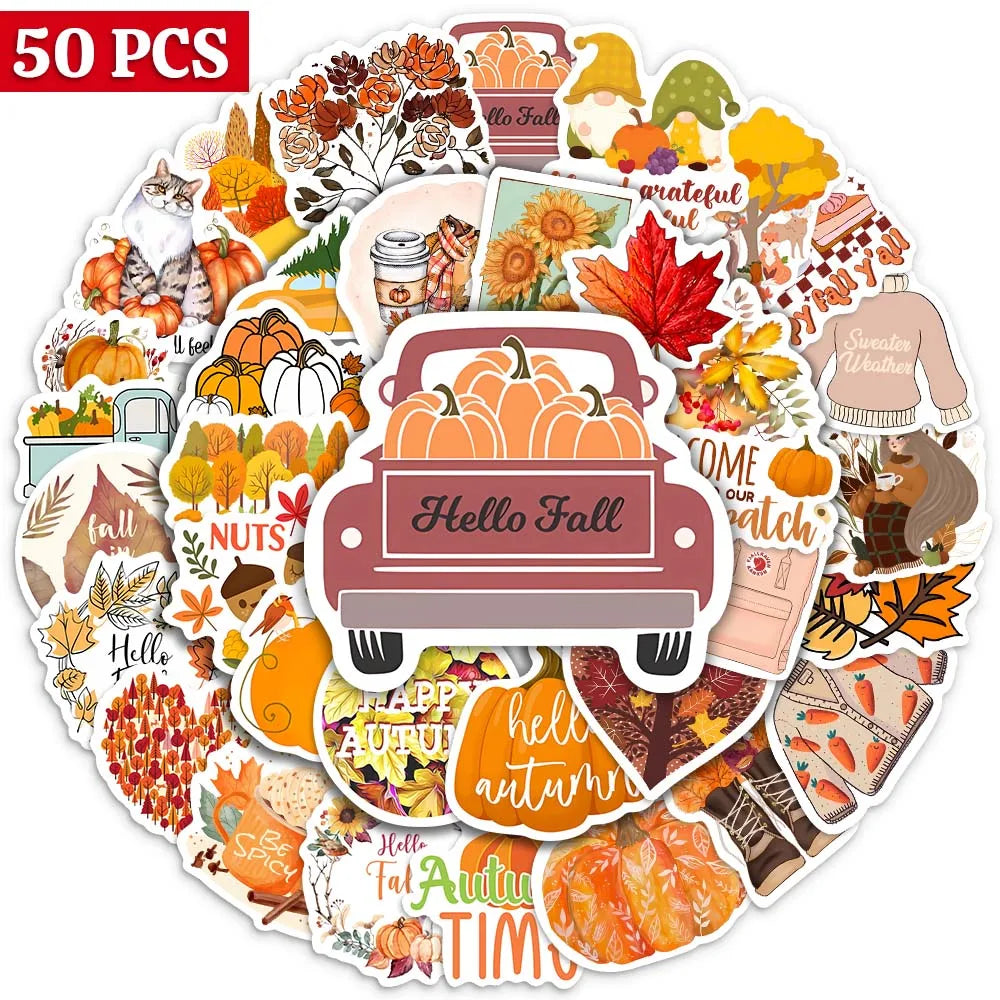 Stickers Automne Nature - Autocollants Animaux, Feuilles, Citrouilles et Plantes Imperméables