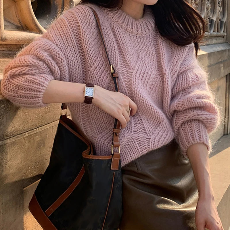 Pull Douillet en Tricot Grosse Maille - Sweater Cozy Automne Hiver - Col Rond Vintage