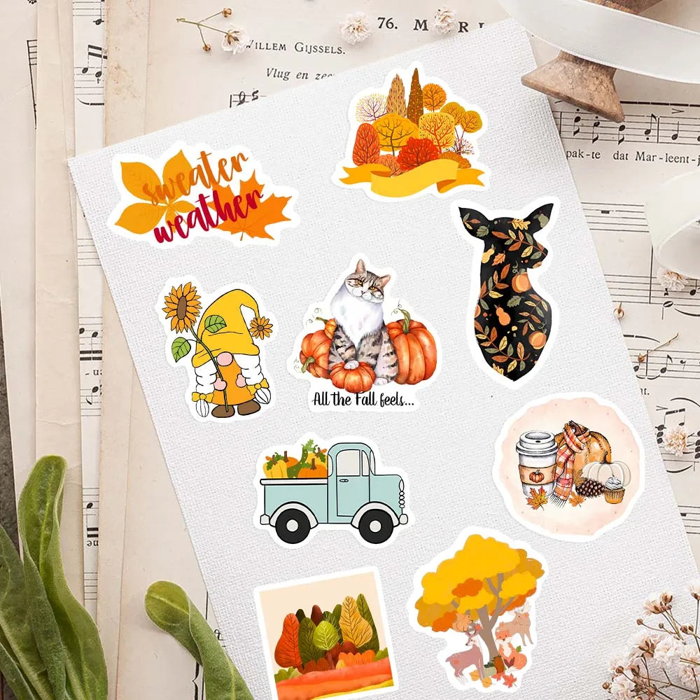 Stickers Automne Nature - Autocollants Animaux, Feuilles, Citrouilles et Plantes Imperméables