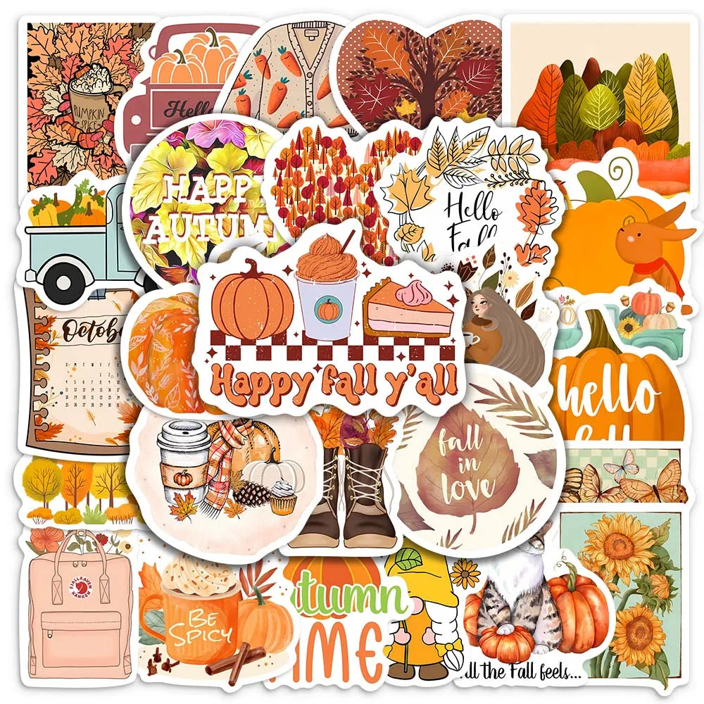 Stickers Automne Nature - Autocollants Animaux, Feuilles, Citrouilles et Plantes Imperméables