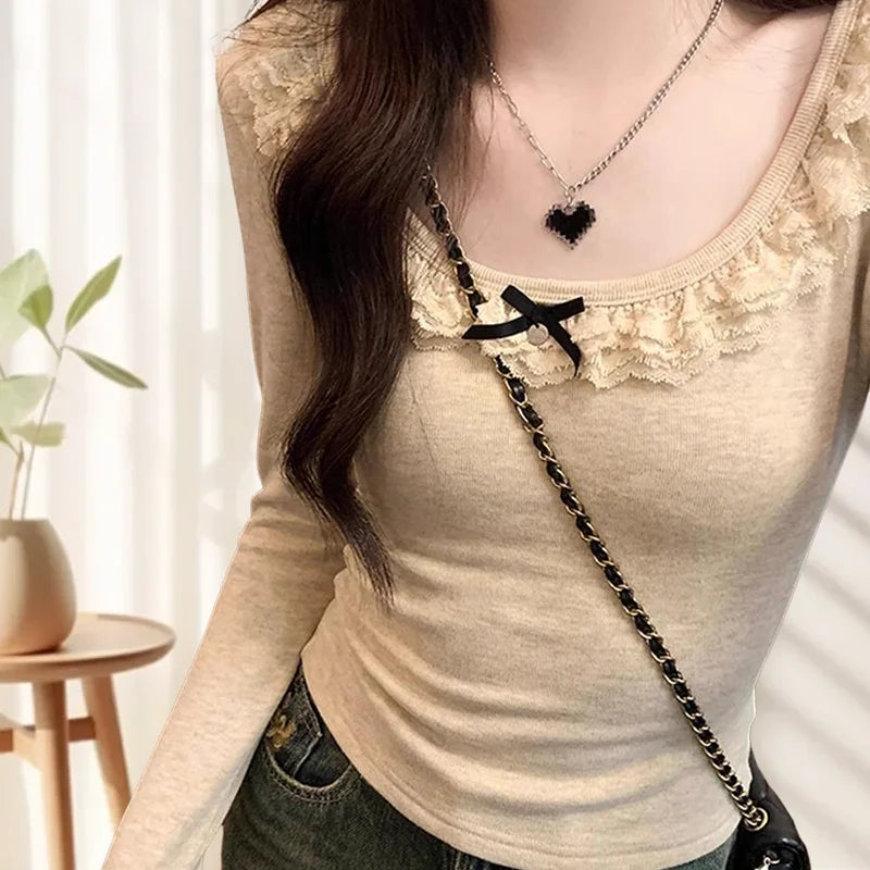 T-Shirt Femme Automne - Haut Manches Longues Col U avec Dentelle, Coupe Ajustée Chic