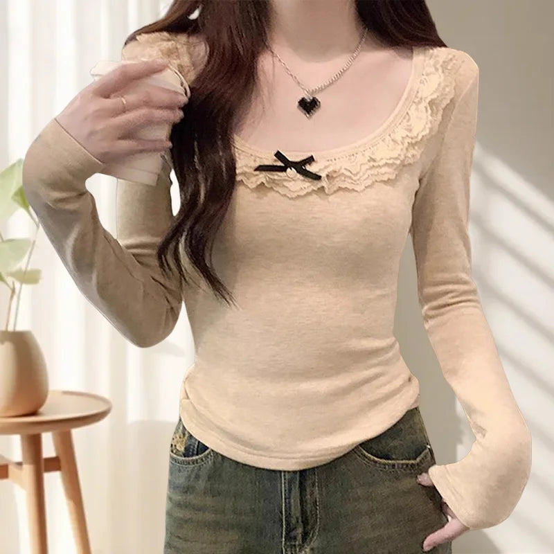 T-Shirt Femme Automne - Haut Manches Longues Col U avec Dentelle, Coupe Ajustée Chic