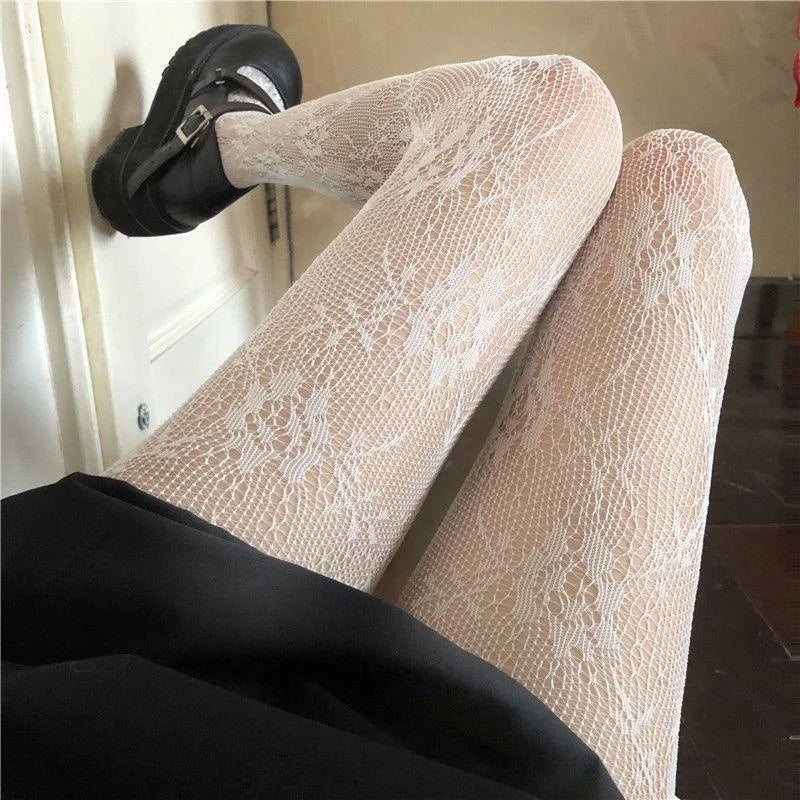 Collants Dentelle Ajourée Noir et Blanc - Bas Résille Motif Floral Élégant