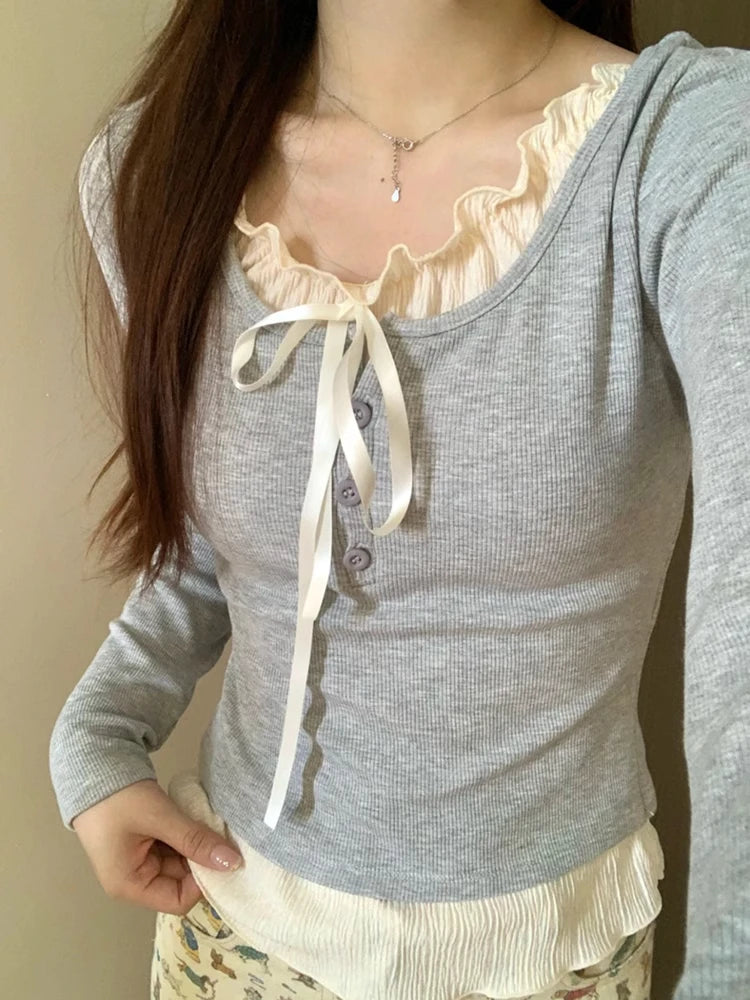 T-Shirt Femme Ajusté - Haut Patchwork avec Lacets, Style  Chic Tendance