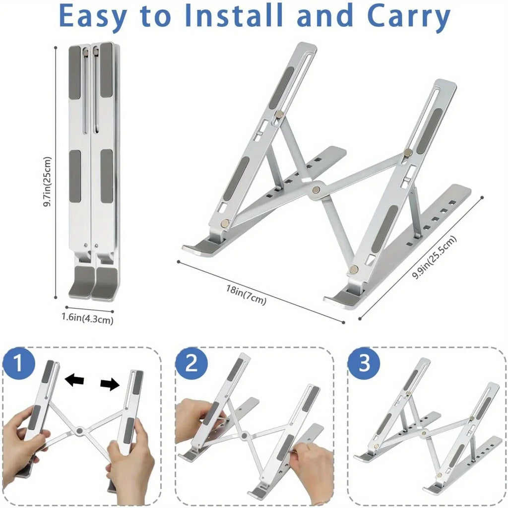 Support Laptop Aluminium Ajustable - 6 Niveaux de Hauteur, Pliable et Portable 8-16 pouces