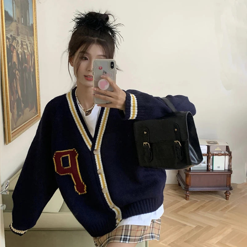 Cardigan Imprimé Lettres - Veste Tricot Boutonnée Oversize