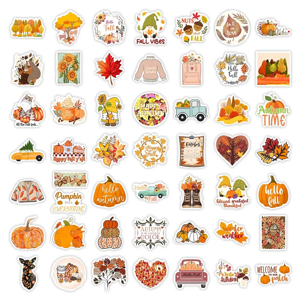 Stickers Automne Nature - Autocollants Animaux, Feuilles, Citrouilles et Plantes Imperméables