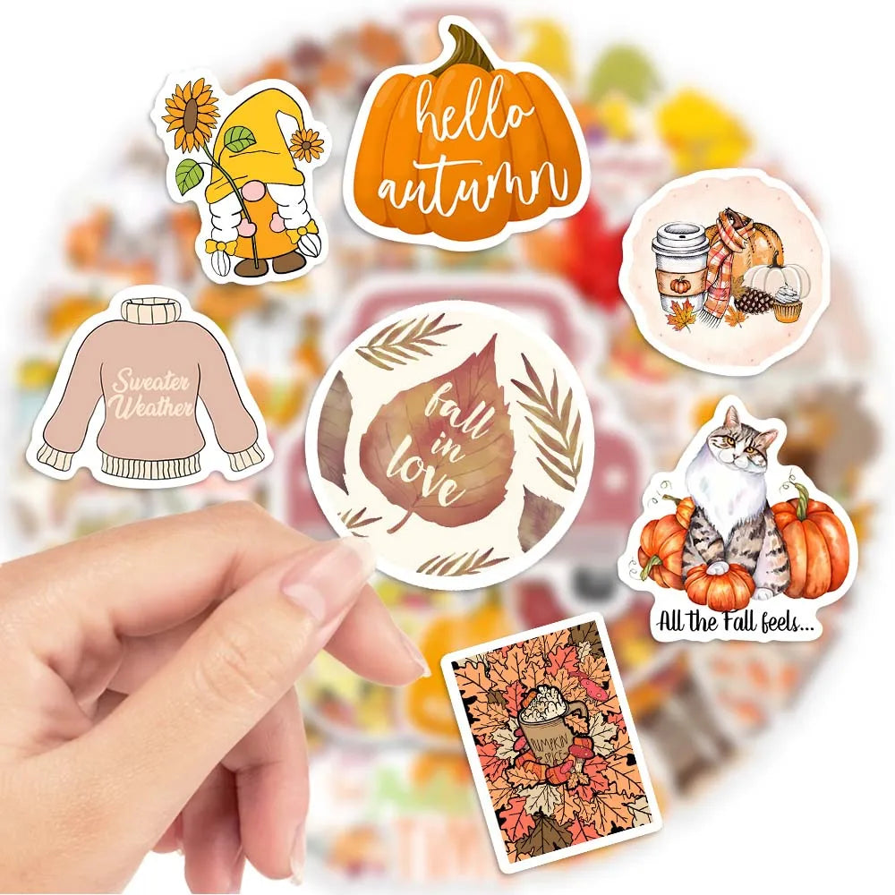 Stickers Automne Nature - Autocollants Animaux, Feuilles, Citrouilles et Plantes Imperméables
