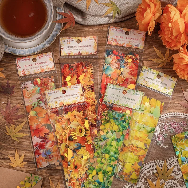 Pack 15 Stickers Feuilles d'Automne PET - DIY Scrapbooking Planner Déco Agenda Esthétique