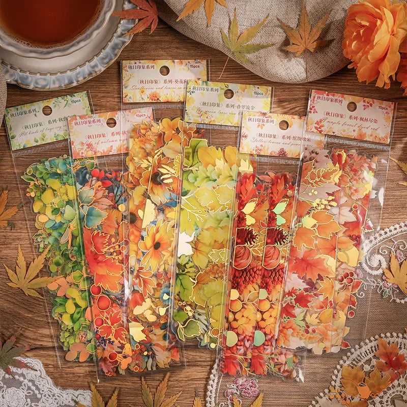 Pack 15 Stickers Feuilles d'Automne PET - DIY Scrapbooking Planner Déco Agenda Esthétique