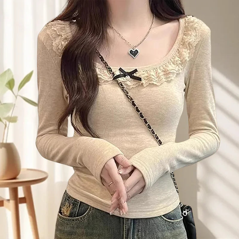 T-Shirt Femme Automne - Haut Manches Longues Col U avec Dentelle, Coupe Ajustée Chic