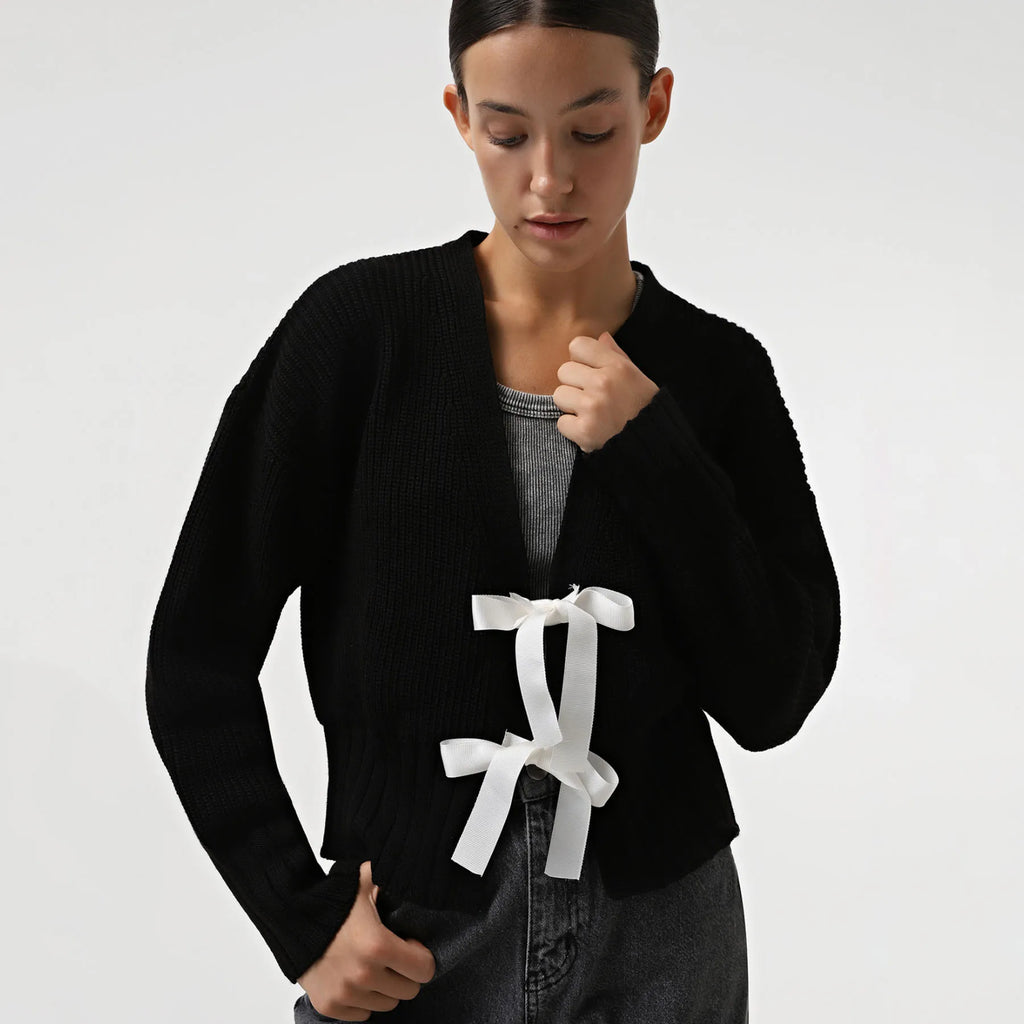 Cardigan Femme à Nœud - Pull Tricoté Manches Longues Style