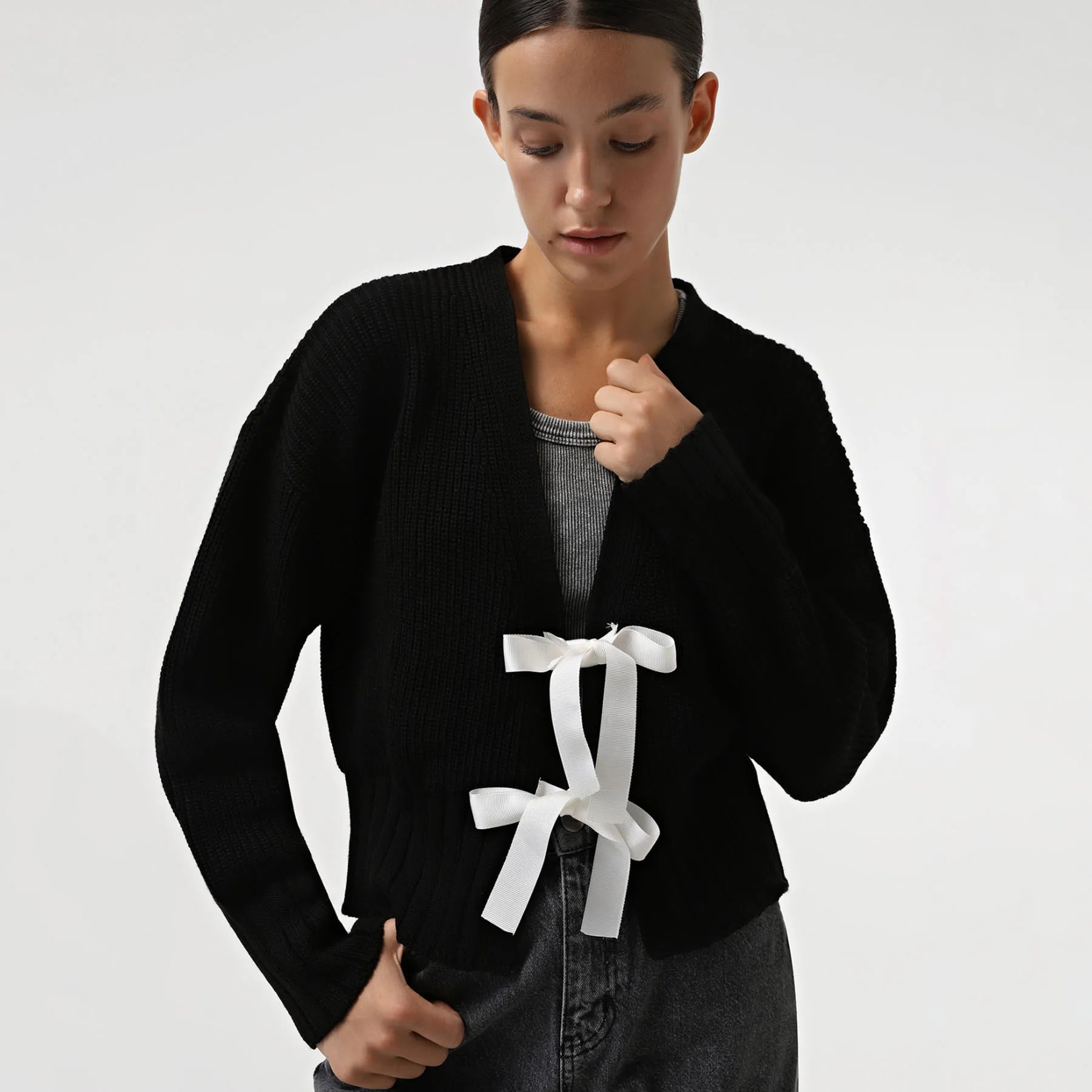 Cardigan Femme à Nœud - Pull Tricoté Manches Longues Style